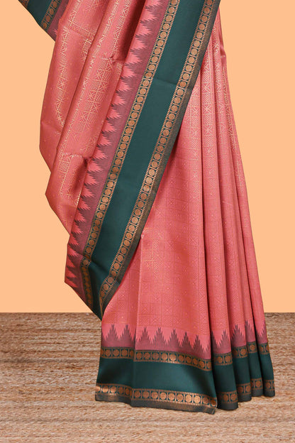 Pink checked geometric design litchi silk saree with contrast ikkat style bentex zari border and blouse