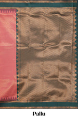 Pink checked geometric design litchi silk saree with contrast ikkat style bentex zari border and blouse