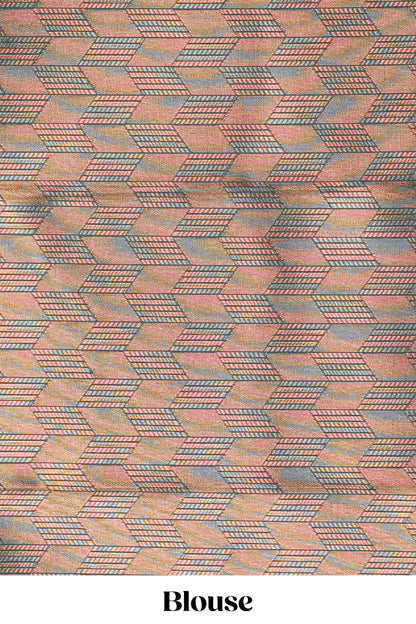 Pink checked geometric design litchi silk saree with contrast ikkat style bentex zari border and blouse