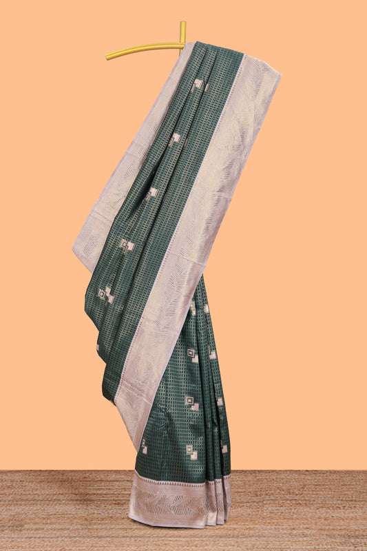 Green checked geometric design litchi silk saree with contrast zari border and blouse