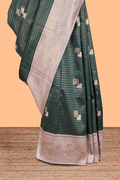 Green checked geometric design litchi silk saree with contrast zari border and blouse