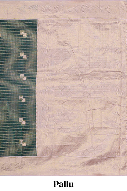 Green checked geometric design litchi silk saree with contrast zari border and blouse