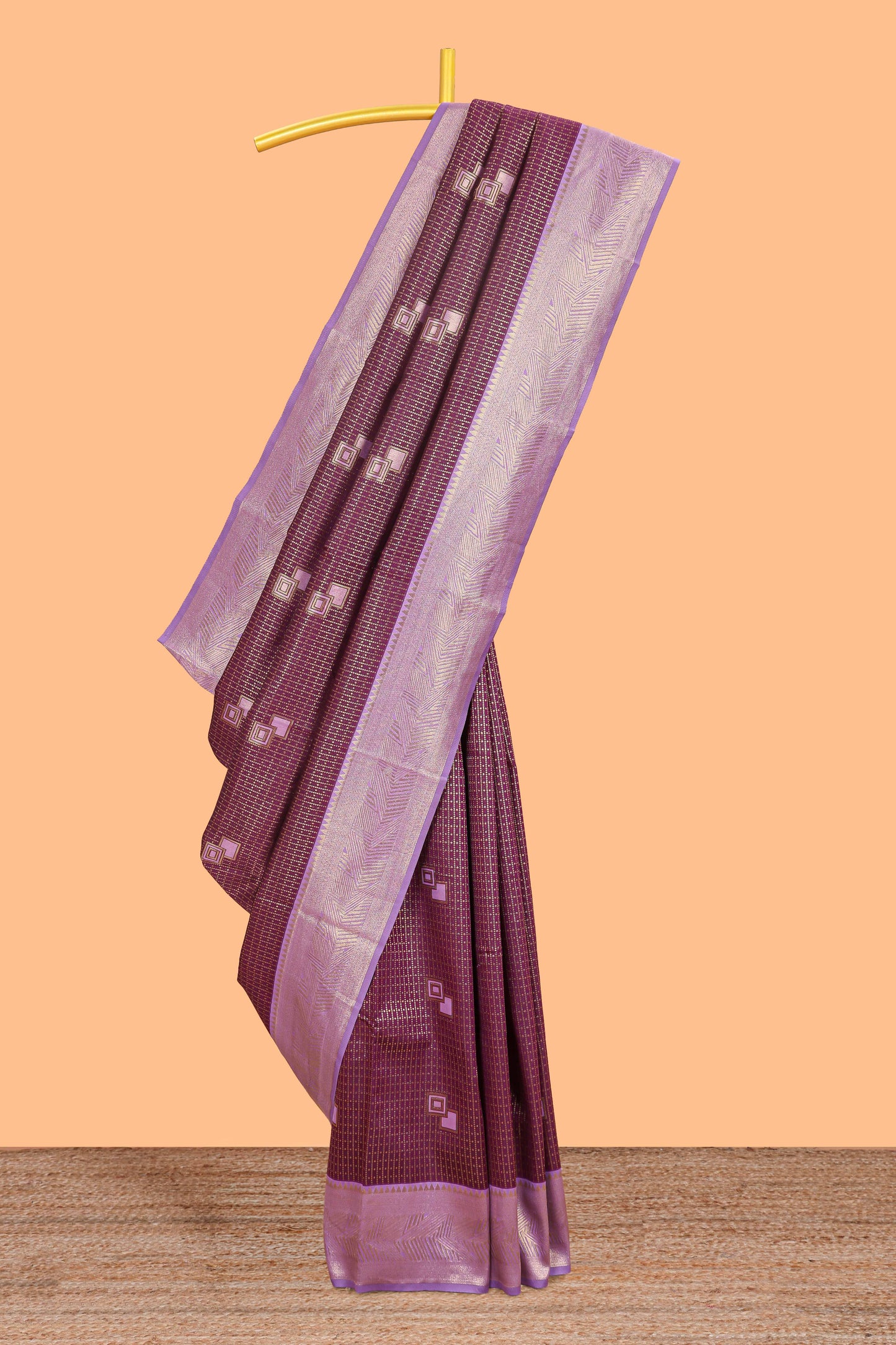 Purple checked geometric design litchi silk saree with contrast zari border and blouse