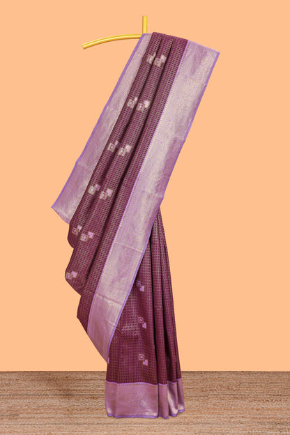 Purple checked geometric design litchi silk saree with contrast zari border and blouse