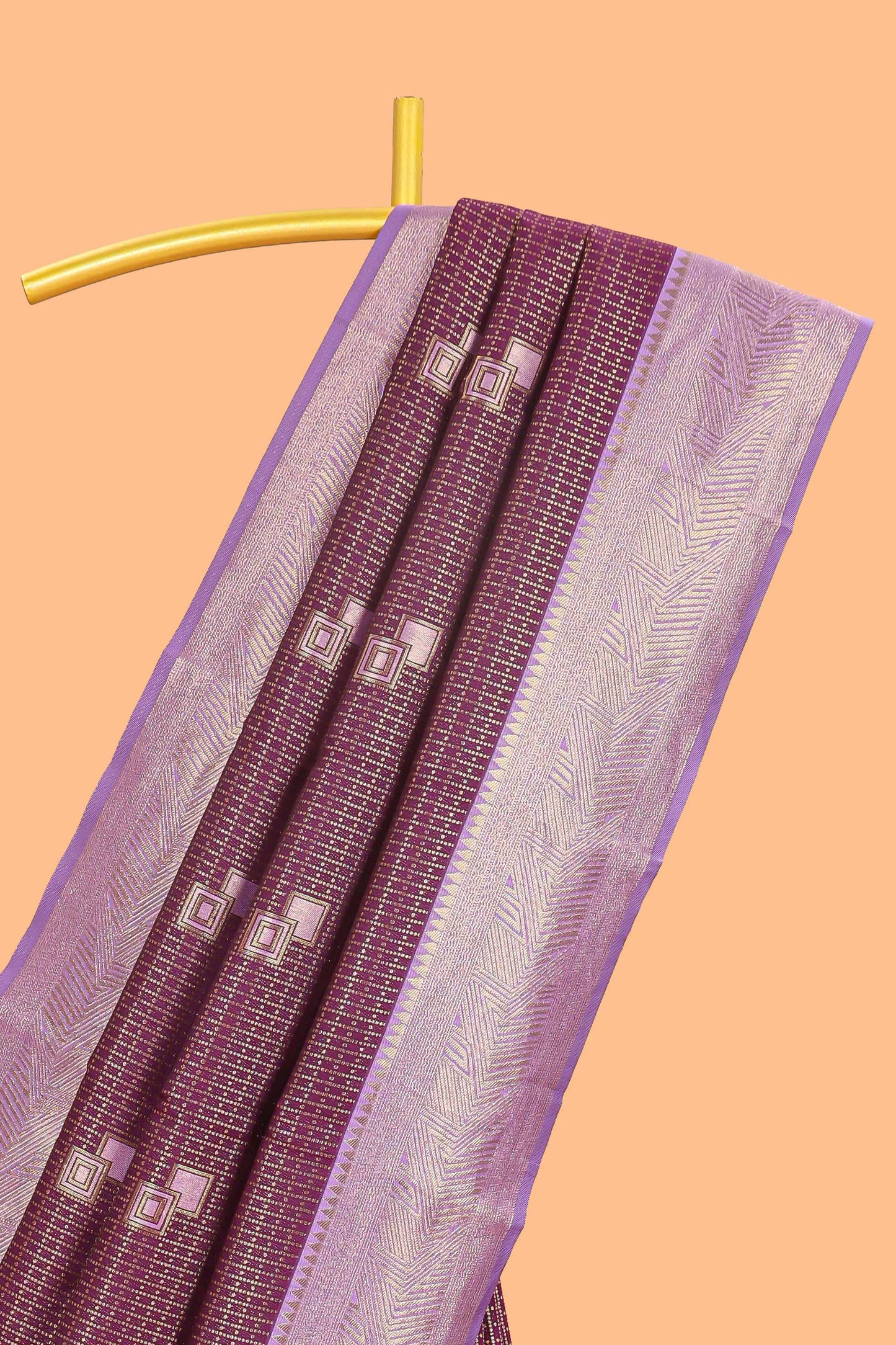 Purple checked geometric design litchi silk saree with contrast zari border and blouse