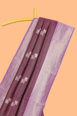 Purple checked geometric design litchi silk saree with contrast zari border and blouse