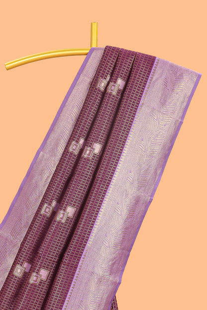 Purple checked geometric design litchi silk saree with contrast zari border and blouse
