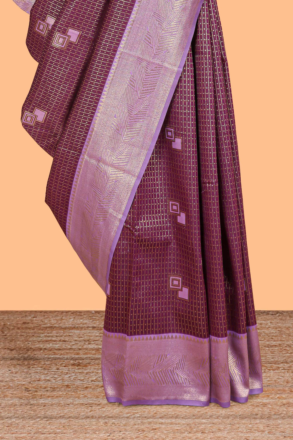 Purple checked geometric design litchi silk saree with contrast zari border and blouse
