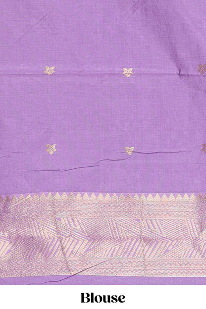 Purple checked geometric design litchi silk saree with contrast zari border and blouse
