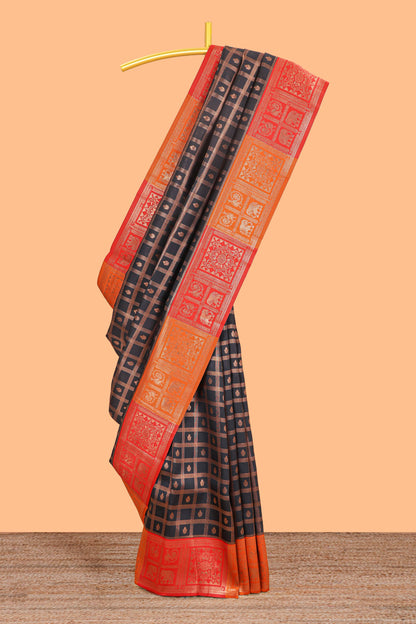 Black checked floral motifs litchi silk saree with contrast zari border and zari butta blouse