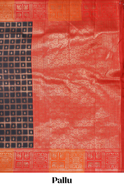 Black checked floral motifs litchi silk saree with contrast zari border and zari butta blouse