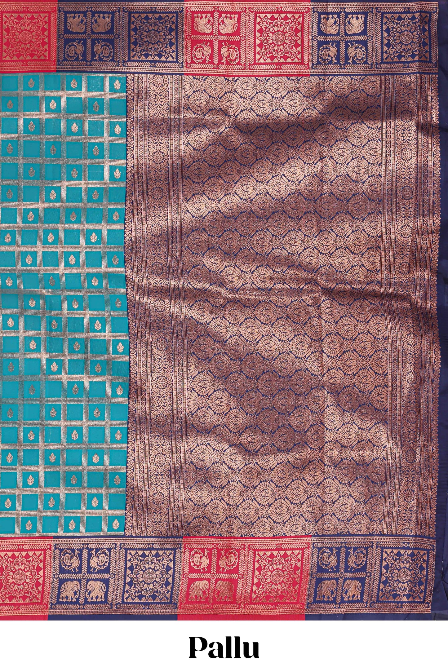 Turquiose green checked floral motifs litchi silk saree with contrast zari border and zari butta blouse