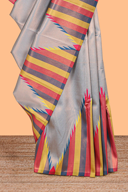 Grey plain litchi silk saree with contrast multi color ikkat style border and blouse