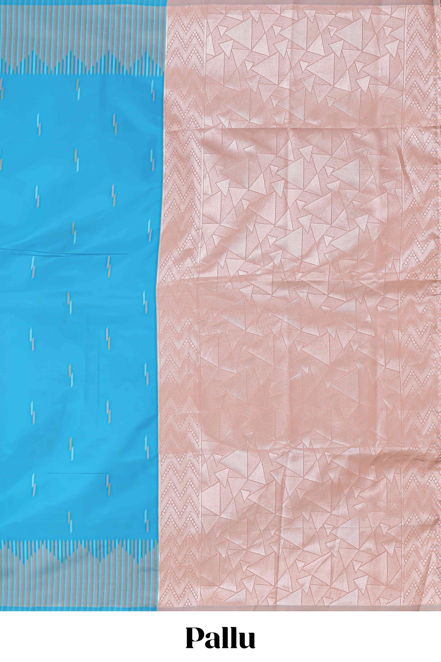 Blue geometric style motifs litchi silk saree with contrast striped border and blouse