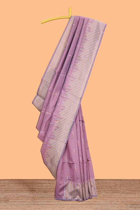 Sunset purple geometric style motifs litchi silk saree with contrast striped border and blouse