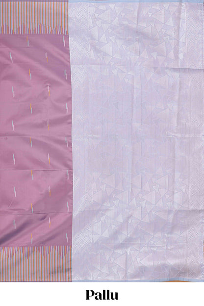 Sunset purple geometric style motifs litchi silk saree with contrast striped border and blouse