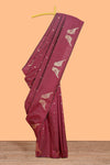 Borderless maroon leaf zari butta and birds design semi soft silk saree with self pallu and matching blouse