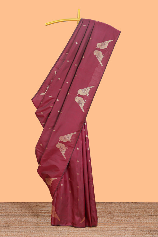 Borderless maroon leaf zari butta and birds design semi soft silk saree with self pallu and matching blouse