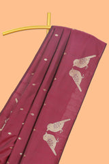 Borderless maroon leaf zari butta and birds design semi soft silk saree with self pallu and matching blouse
