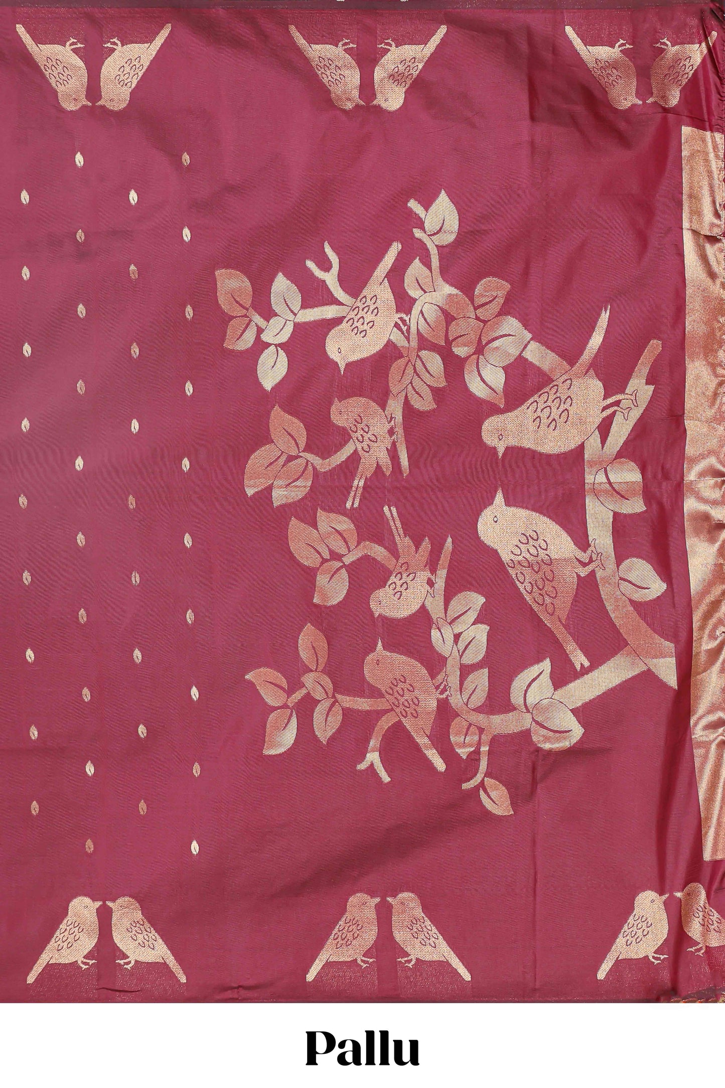 Borderless maroon leaf zari butta and birds design semi soft silk saree with self pallu and matching blouse