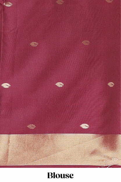 Borderless maroon leaf zari butta and birds design semi soft silk saree with self pallu and matching blouse