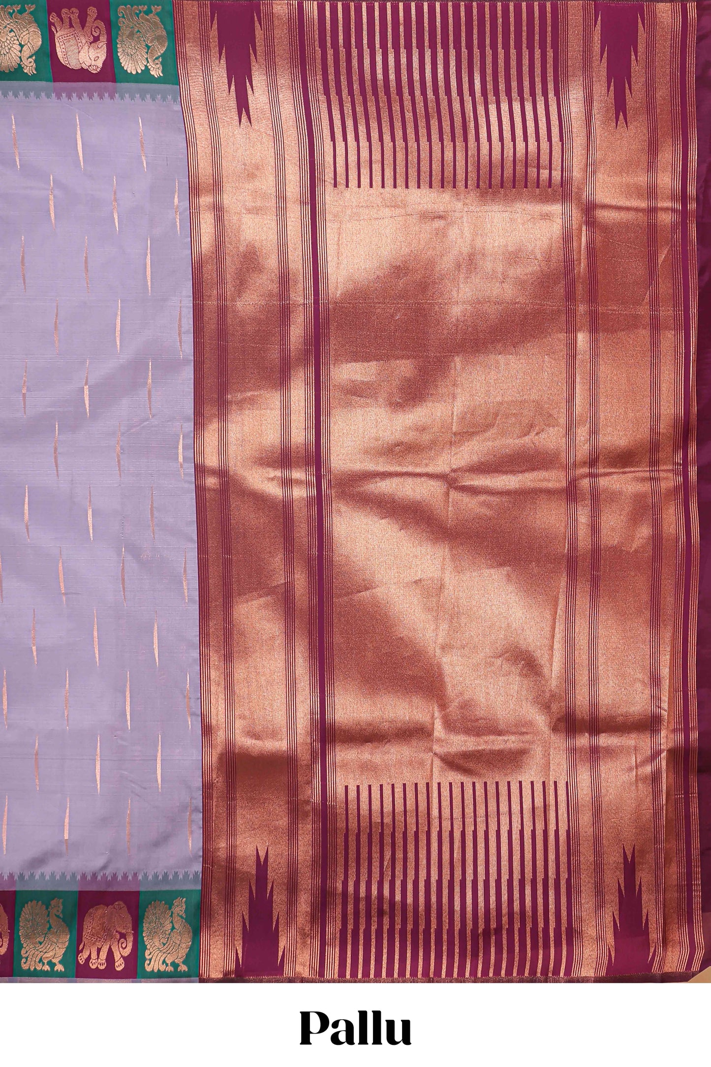 Lavender litchi silk saree with contrast elephant & peacock zari border and blouse