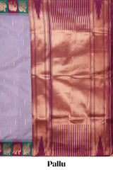 Lavender litchi silk saree with contrast elephant & peacock zari border and blouse