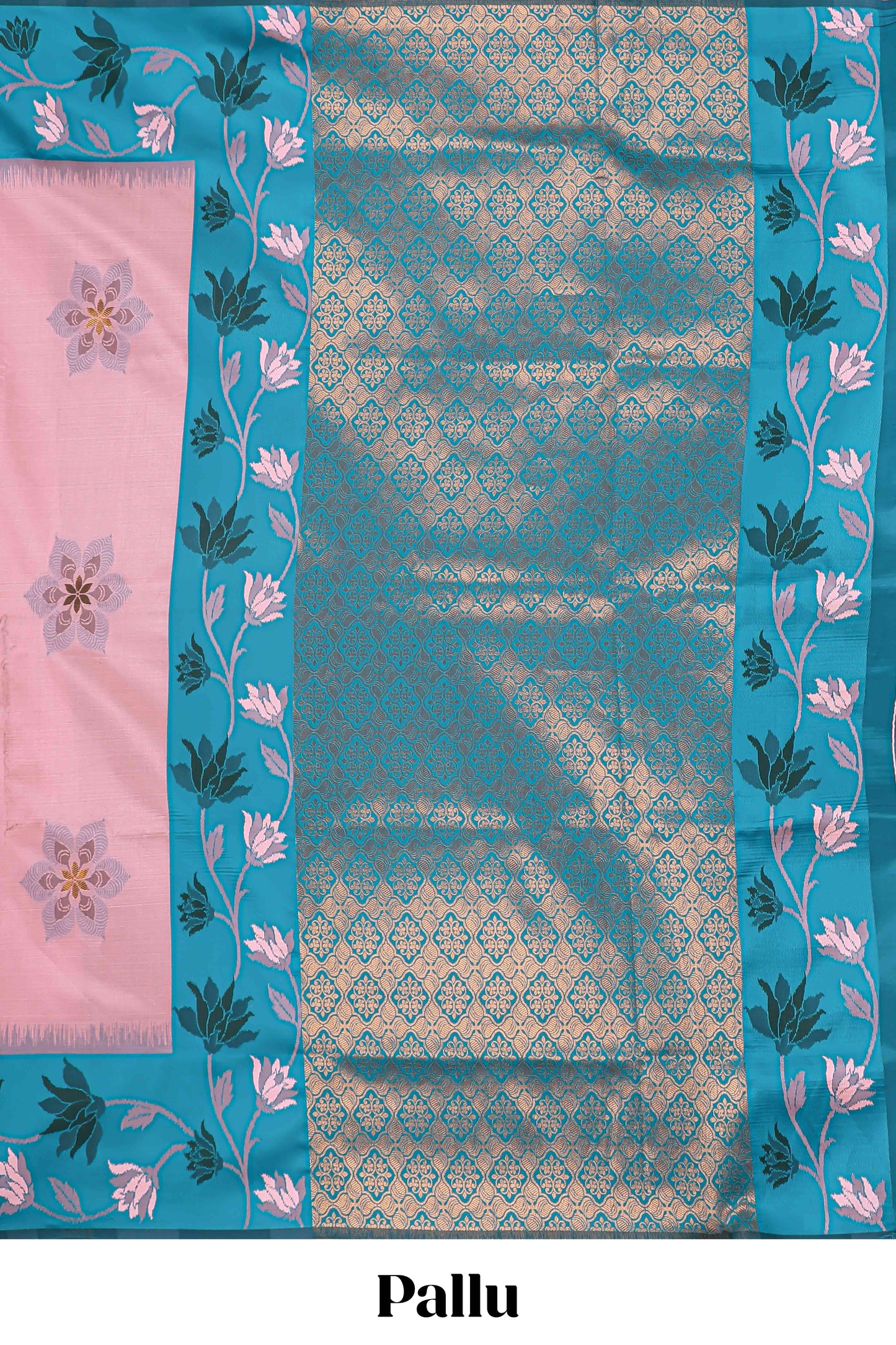 Baby pink floral motifs litchi silk saree with contrast floral vine border and blouse