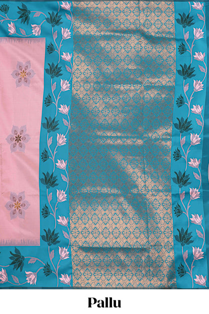 Baby pink floral motifs litchi silk saree with contrast floral vine border and blouse