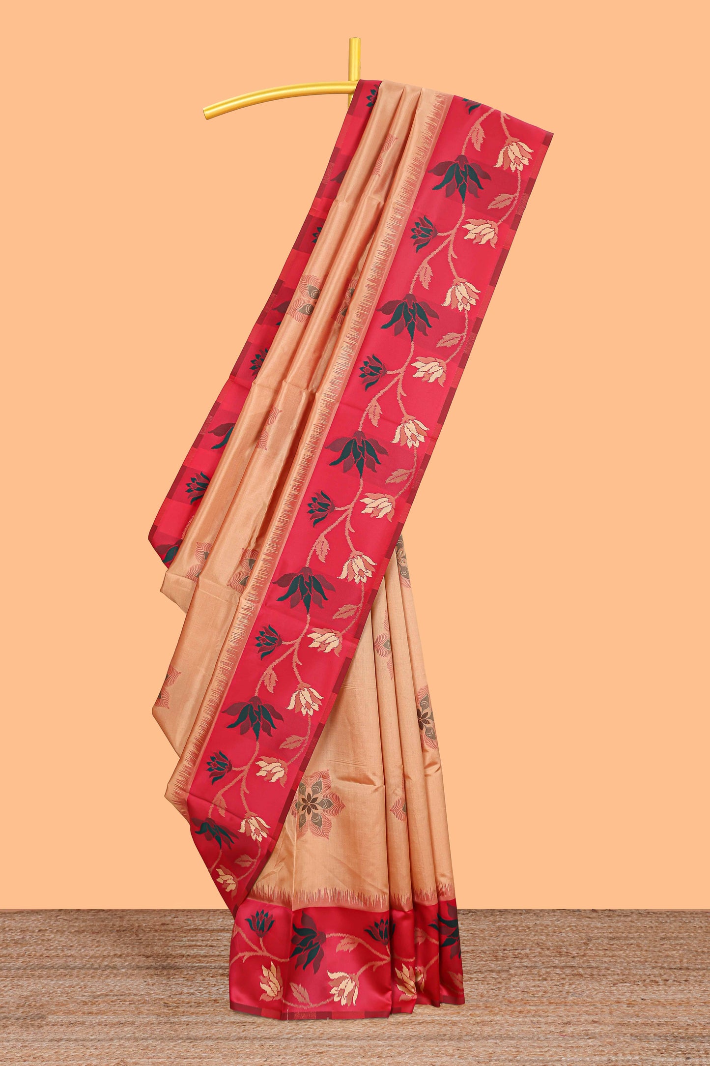 Sandal floral motifs litchi silk saree with contrast floral vine border and blouse