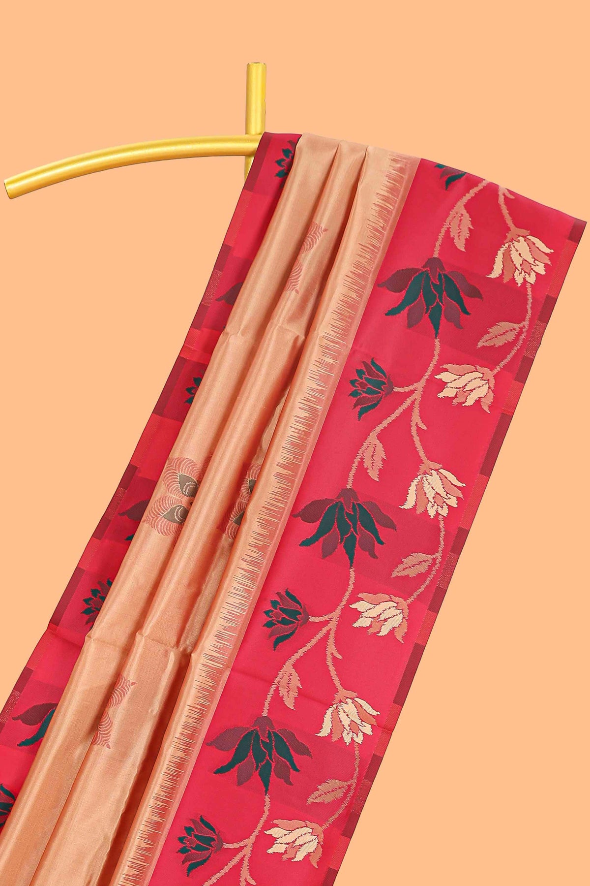 Sandal floral motifs litchi silk saree with contrast floral vine border and blouse