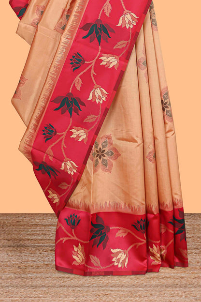Sandal floral motifs litchi silk saree with contrast floral vine border and blouse