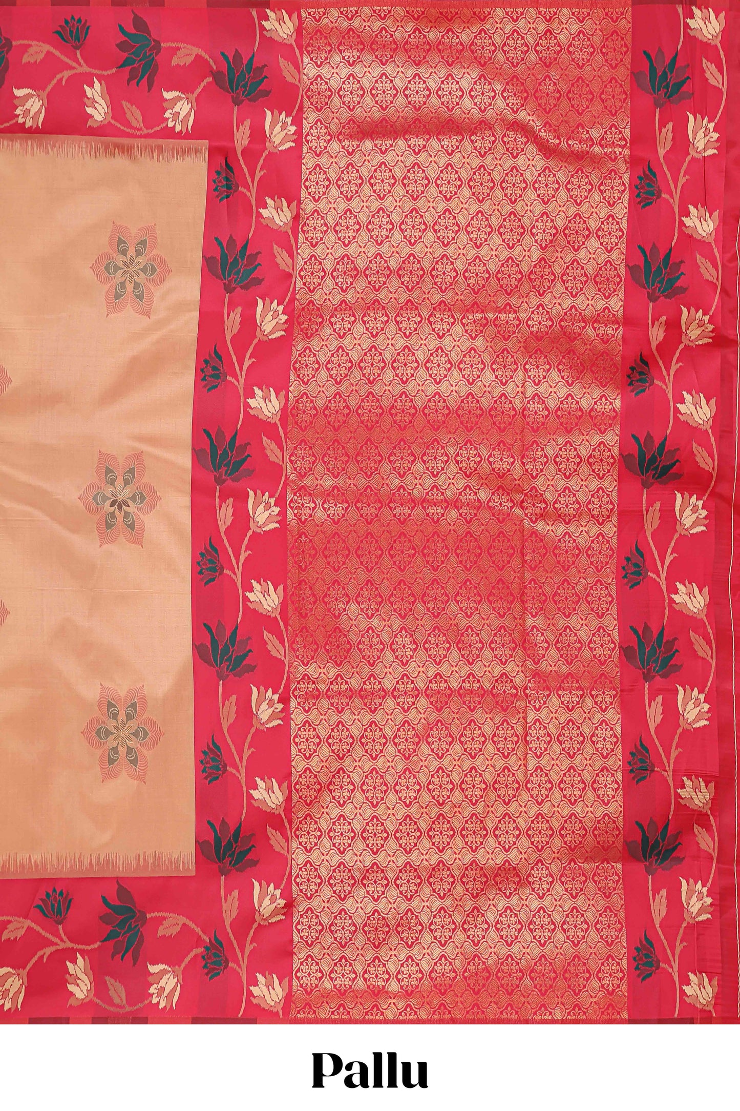 Sandal floral motifs litchi silk saree with contrast floral vine border and blouse