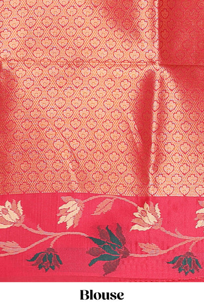 Sandal floral motifs litchi silk saree with contrast floral vine border and blouse