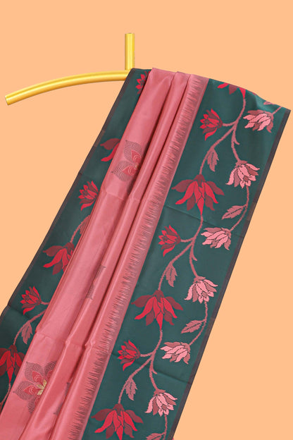 Pink floral motifs litchi silk saree with contrast floral vine border and blouse