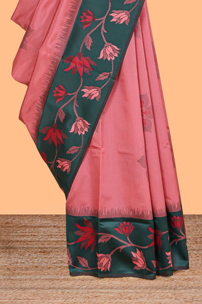 Pink floral motifs litchi silk saree with contrast floral vine border and blouse