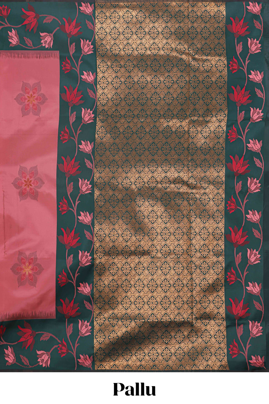 Pink floral motifs litchi silk saree with contrast floral vine border and blouse