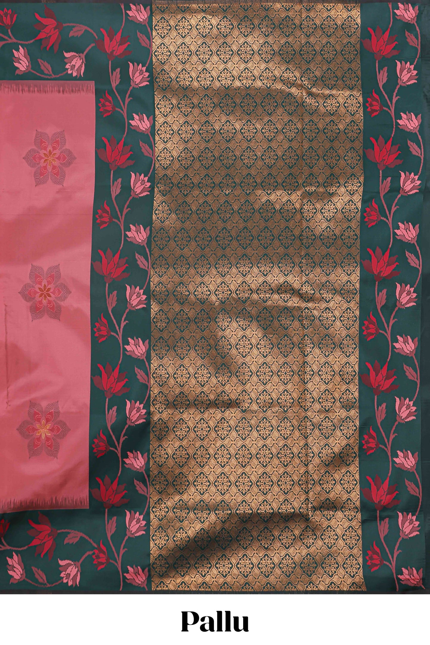 Pink floral motifs litchi silk saree with contrast floral vine border and blouse