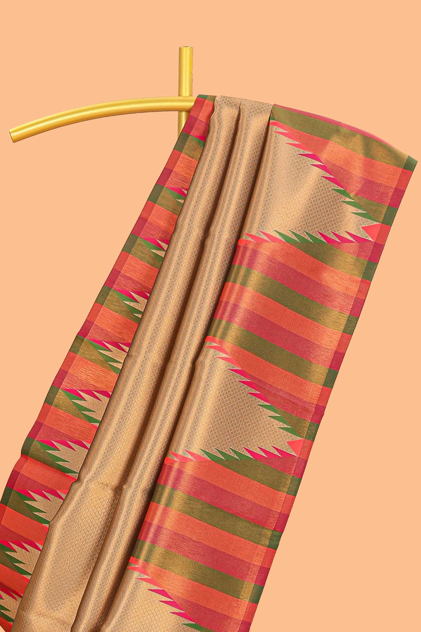 Golden plain litchi silk saree with contrast multi color ikkat style border and blouse