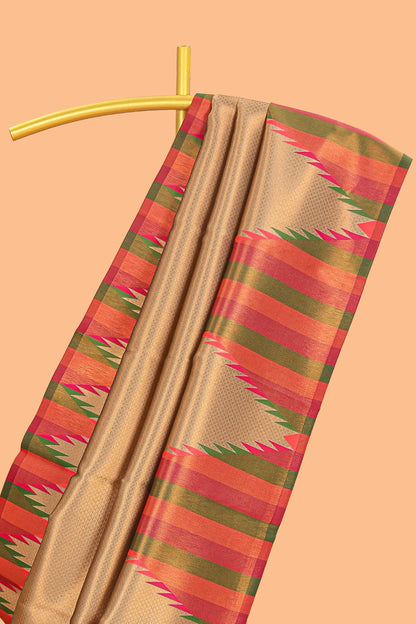 Golden plain litchi silk saree with contrast multi color ikkat style border and blouse