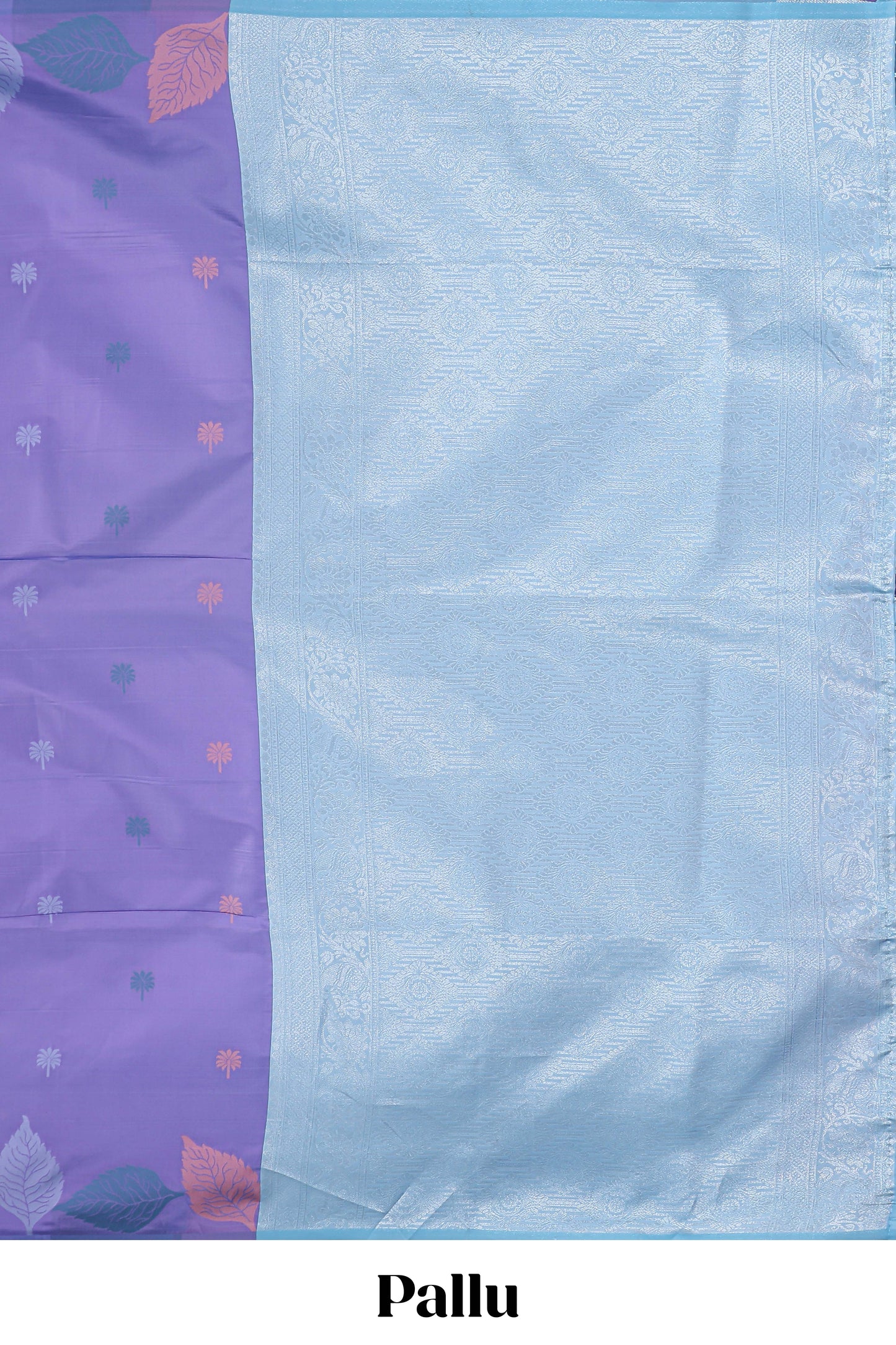 Borderless lavender floral motifs litchi silk saree with multi color bottom leaf designs and contrast blouse