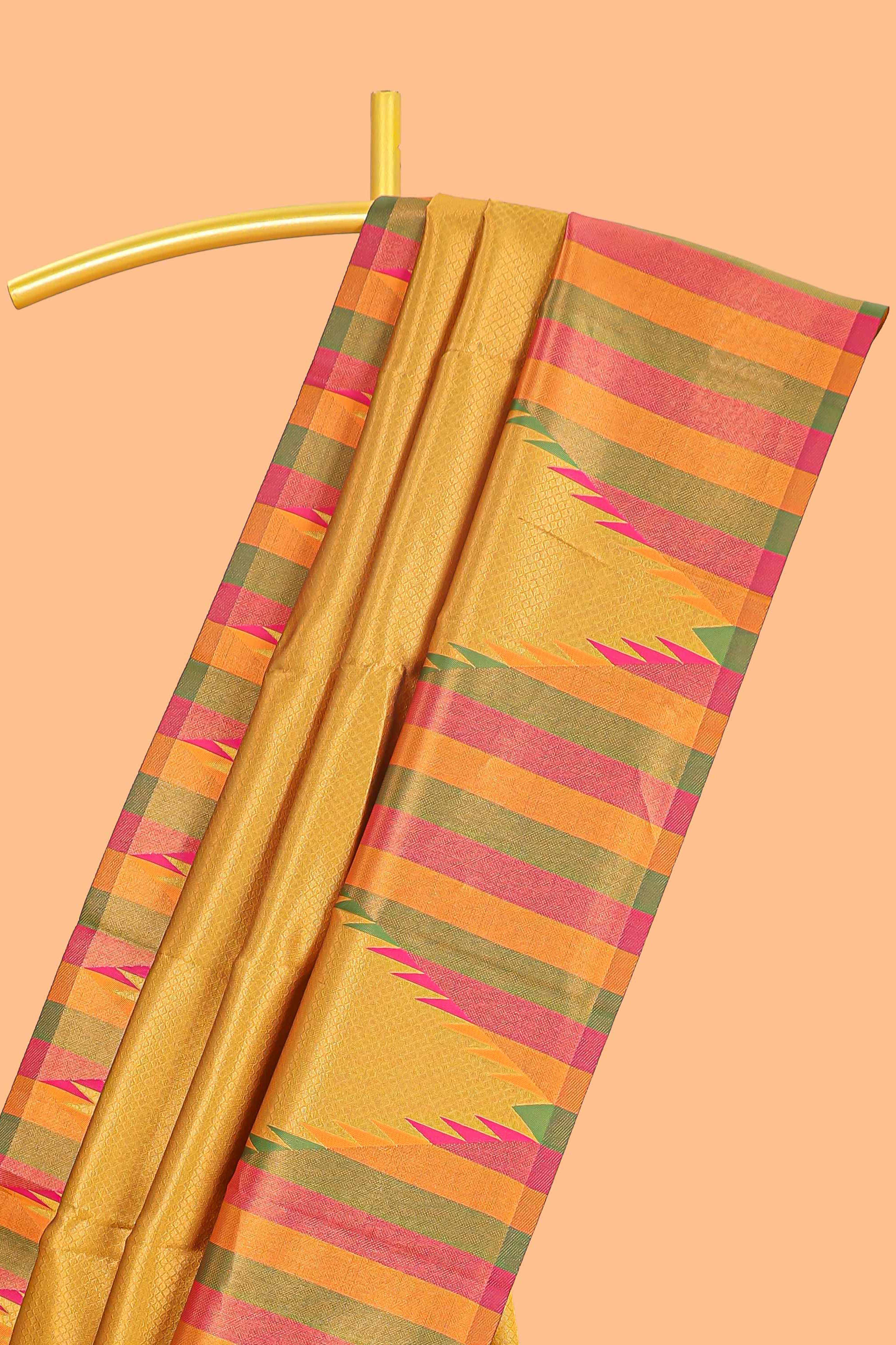 Mustard plain litchi silk saree with contrast multi color ikkat style border and blouse