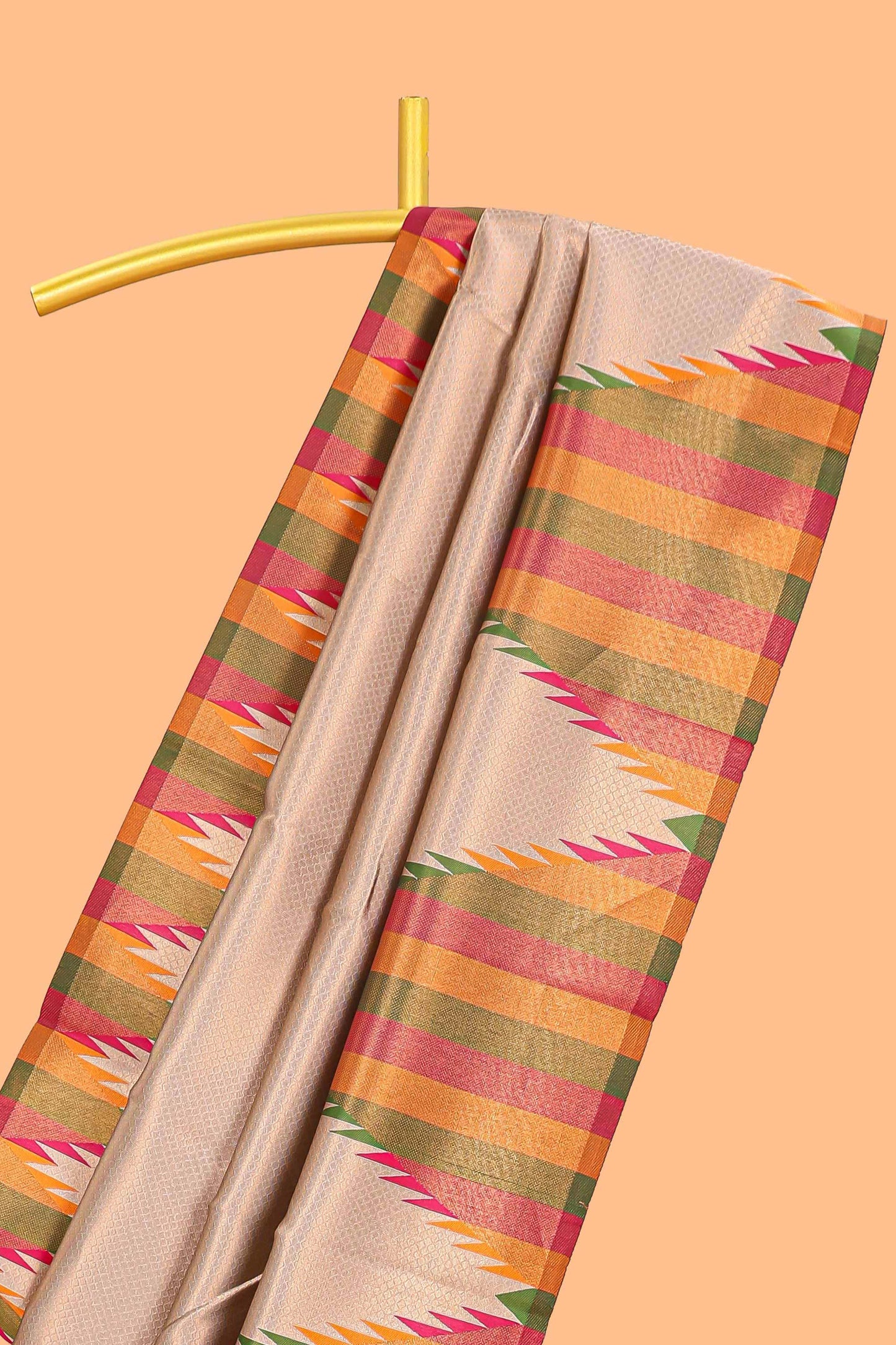 Beige plain litchi silk saree with contrast multi color ikkat style border and blouse