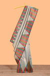 Green plain litchi silk saree with contrast multi color ikkat style border and blouse