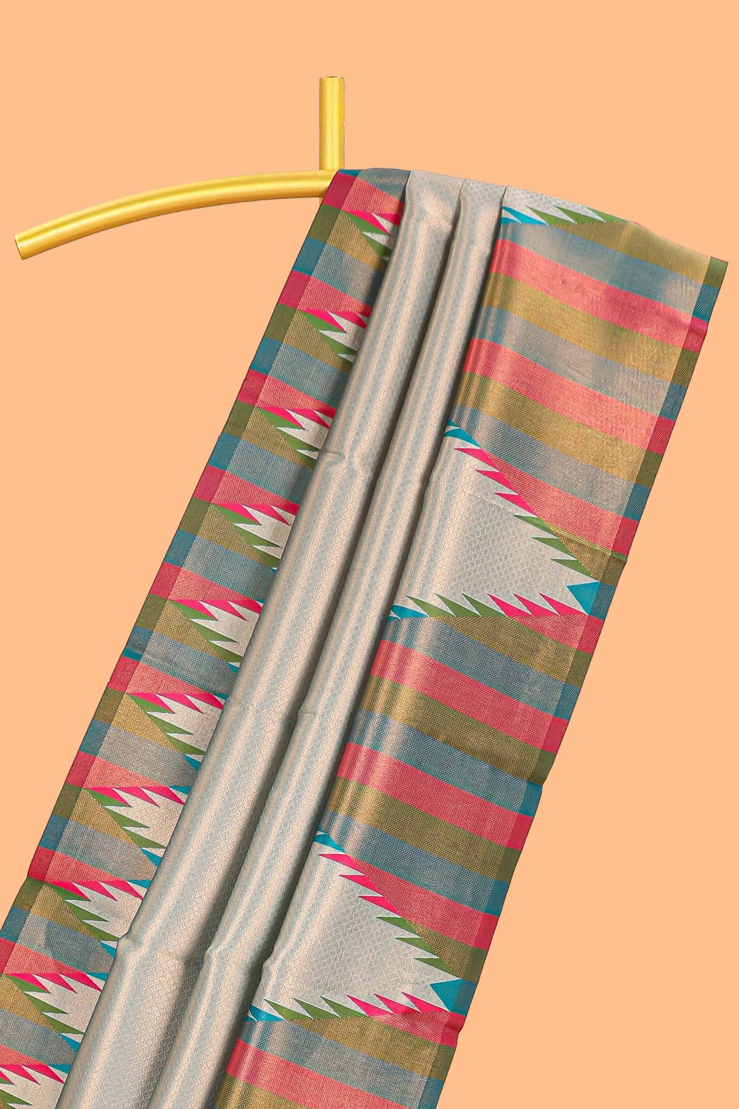 Green plain litchi silk saree with contrast multi color ikkat style border and blouse