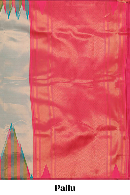 Green plain litchi silk saree with contrast multi color ikkat style border and blouse