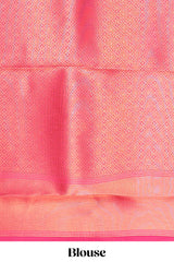 Pale pink plain litchi silk saree with contrast multi color ikkat style border and blouse