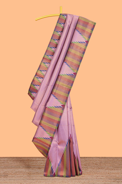 Lavender pink plain litchi silk saree with contrast multi color ikkat style border and blouse