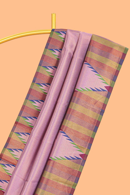 Lavender pink plain litchi silk saree with contrast multi color ikkat style border and blouse