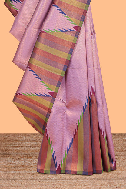 Lavender pink plain litchi silk saree with contrast multi color ikkat style border and blouse